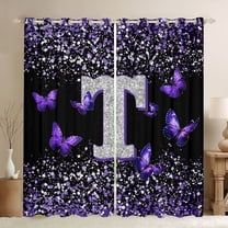 Feelyou Fashion Monogrammed T Black Out Curtains, Bling Butterfly Animal Curtains Pack of 2 (42x63 Each), Black Purple Sequin Print Bedroom Curtains, Window Curtains Bedroom Decor