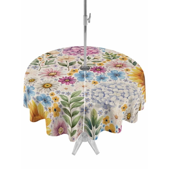 Outdoor Tablecloth with Umbrella Hole for Patio/Picnic/Party/Camping, Sunflower Vintage Waterproof Table Cloth Round Cover Washable, Colorful Flowers Summer Botanical Retro Art (Dia 54")