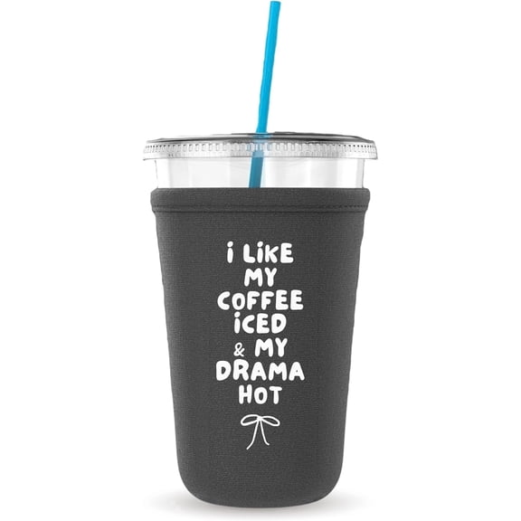 I Like My Coffee Iced & My Drama Hot, Neoprene Iced Coffee Cup Cooler, Gift and Party Favor Drinkware Ideas, Cold Drink Sleeve (Black)
