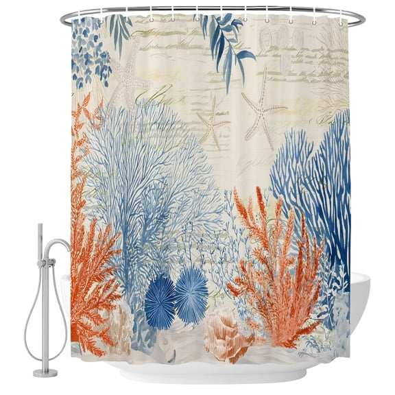 Orange Navy Blue Coral Shower Curtain Set - 48" x 72" Washable Bathtub Curtain with 12 Hooks, Summer Beach Coastal Retro Waterproof Fabric Stall Shower Curtains for Bathroom/Bathtub Décor