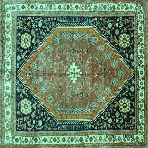 Ahgly Company Machine Washable Indoor Square Persian Turquoise Blue Traditional Area Rugs, 8' Square