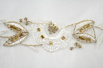 Lily White 2-3/8"  Gold Beaded Sequin Embroidery Organza Lace Trim Insertion
