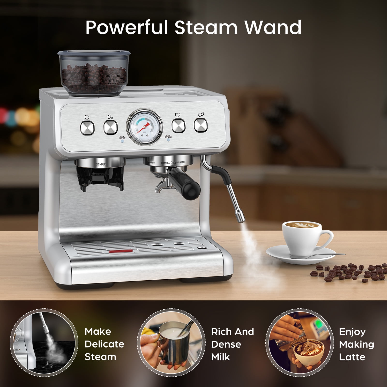 Espresso Machine,15 Bar Professional Espresso Maker with Coffee Bean Grinder Milk Frother,Coffee Machine for Espresso/Cappuccino/Latte,Single & Double Cup,Stainless Steel