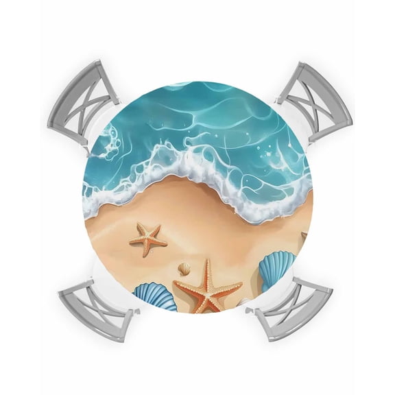 nqOlkjepod Geometric Coastal Round Tablecloth, Fitted Table Cover with Elastic for 45"-54" Round Tables, Cartoon Starfish Shell Sea Waves Table Cloth Outdoor Dinning Party Waterproof Tablecloths