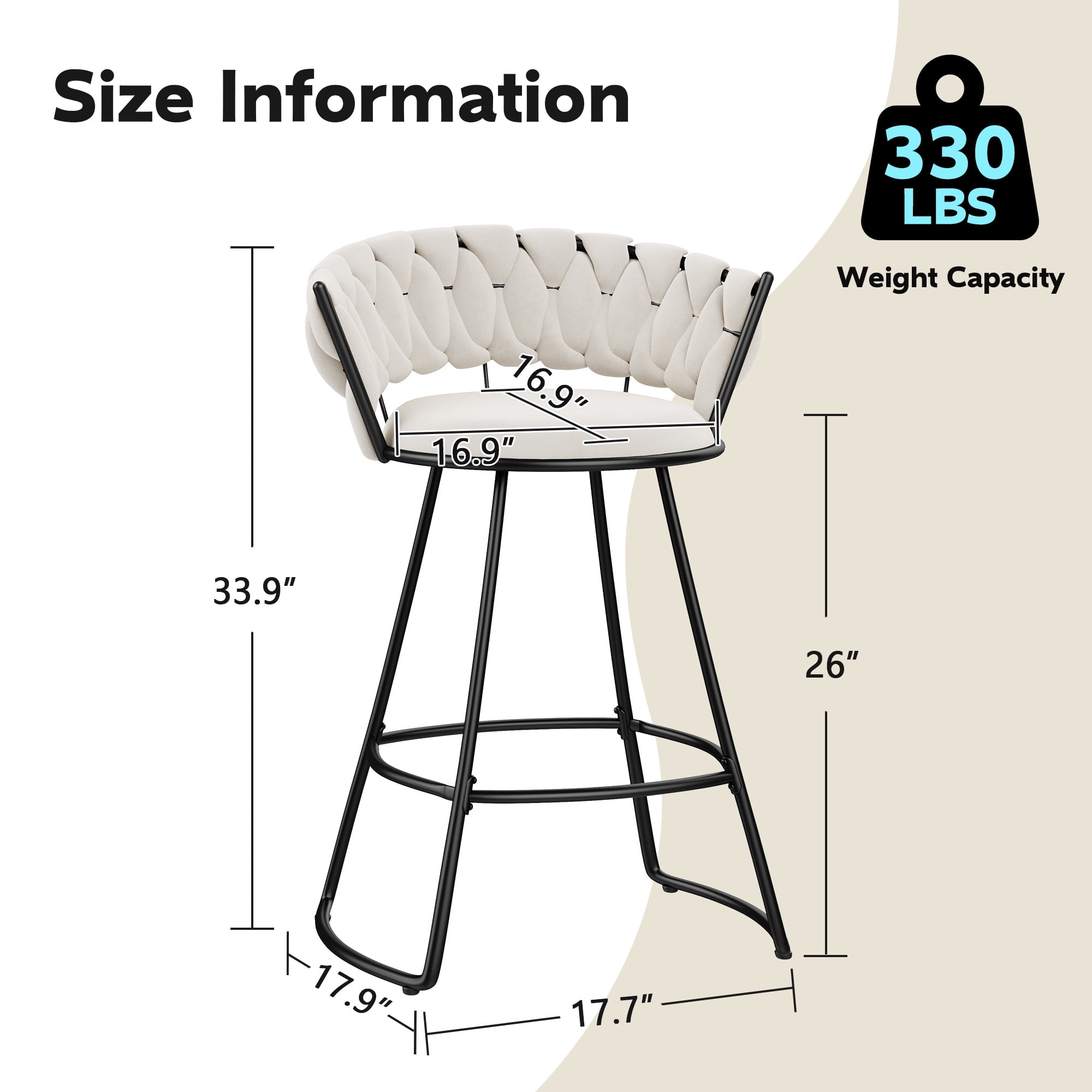 Andeworld 26'' Bar Stools with Woven Back set of 2, Modern Velvet Barstools with Upholstered Seating, Counter Height Barstool in U-Footrest, Ivory