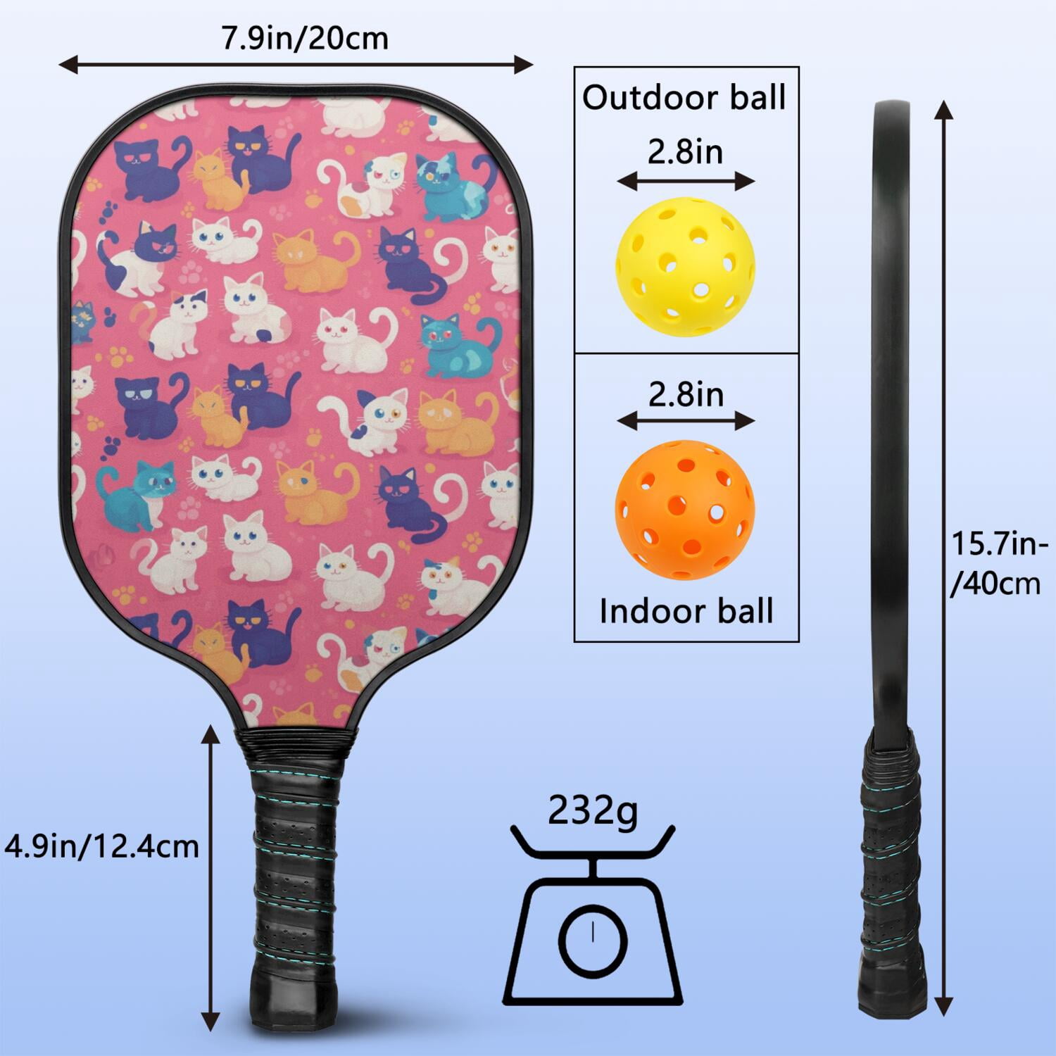 Pickleball Paddles Set Of 1, Fiberglass Surface, Cats & Dogs Print, 1 Paddle, 2 Balls & Bag