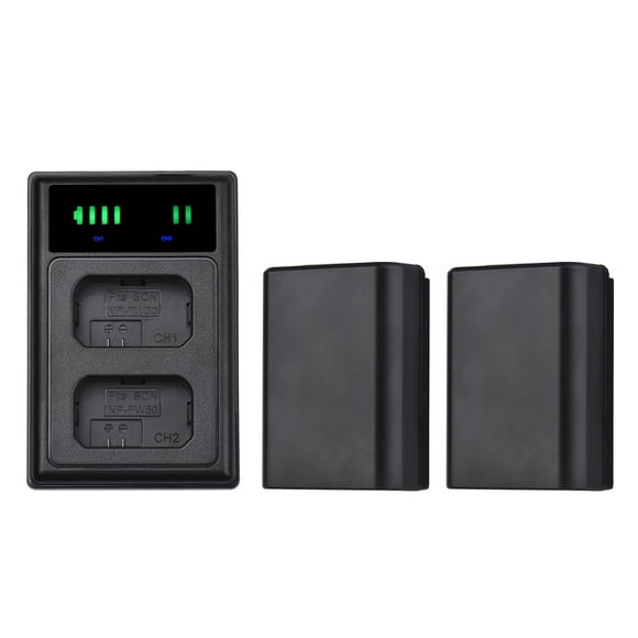 Andoer NP-FW50 USB Intelligent & Battery Kit 1PCS Dual Channels Camera Battery + 2PCS 7.4V 1500mAh NP-FW50 Rechargeable Batteries USB C + Micro USB Port LED Display Screen Replacement for