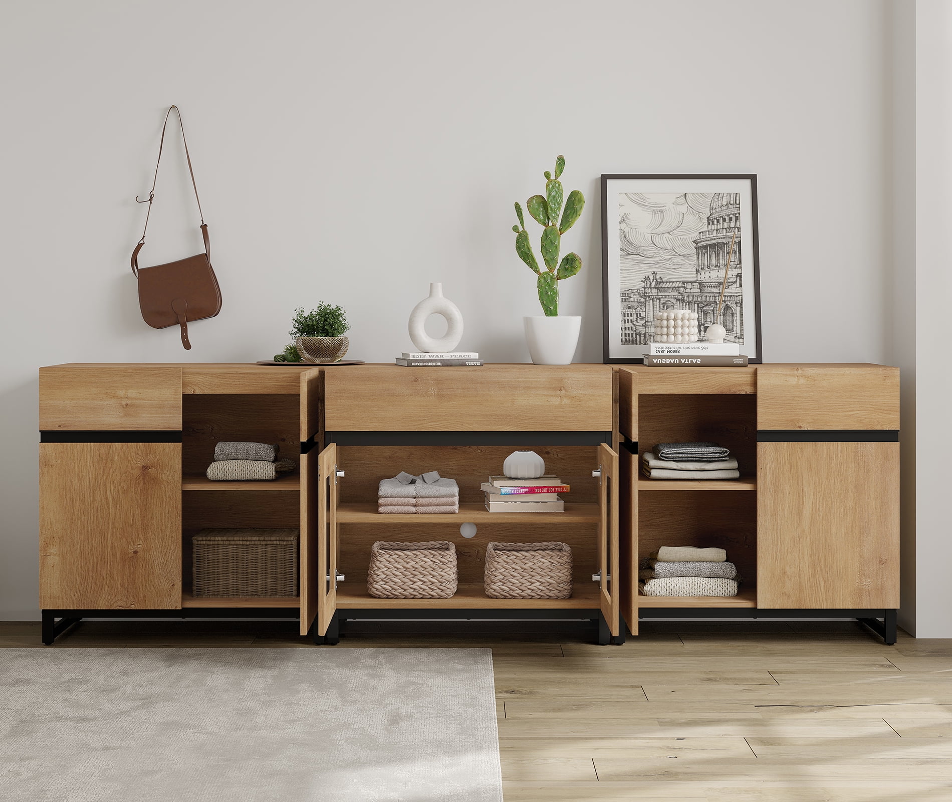 3 In 1 Modern Dresser with Glass Doors, Adjustable Shelves and Drawer, Metal Base Storage Cabinet, Multifunctional Chest Of Drawers for Bedroom Home Storage,Oak