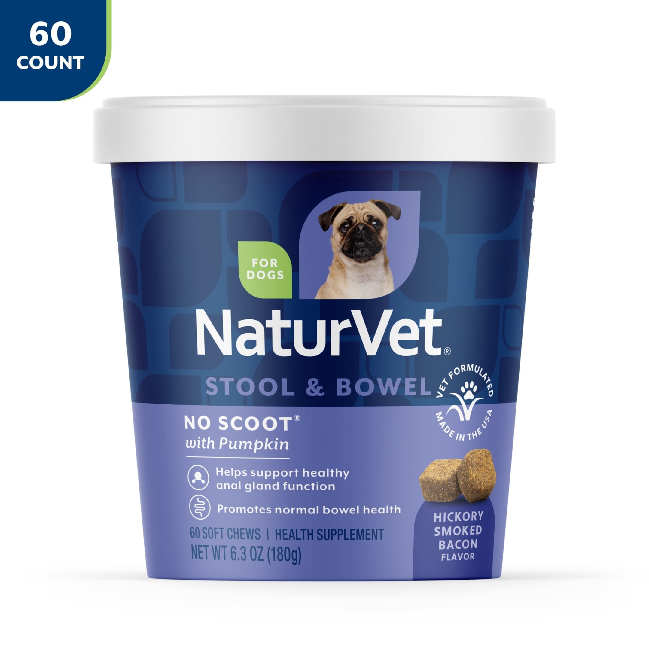 (3 pack) NaturVet No Scoot Stool & Bowel Supplement for Dogs, Hickory Smoked Bacon Flavor, 60 Count