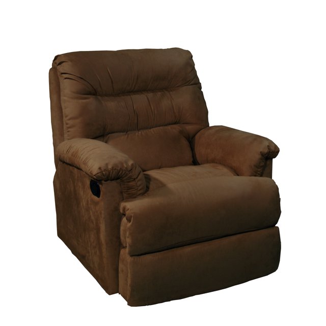 reclinable palermo Café BELLO SOFA, sillón reclinable 3/4 frontal con tapizado café en microfibra, respaldo alto acolchado con costuras horizontales, brazos curvos y cojines mullidos, palanca lateral visible y reposapiés abatible sobre fondo neutro; también adecuado para lectura cómoda en salas pequeñas.