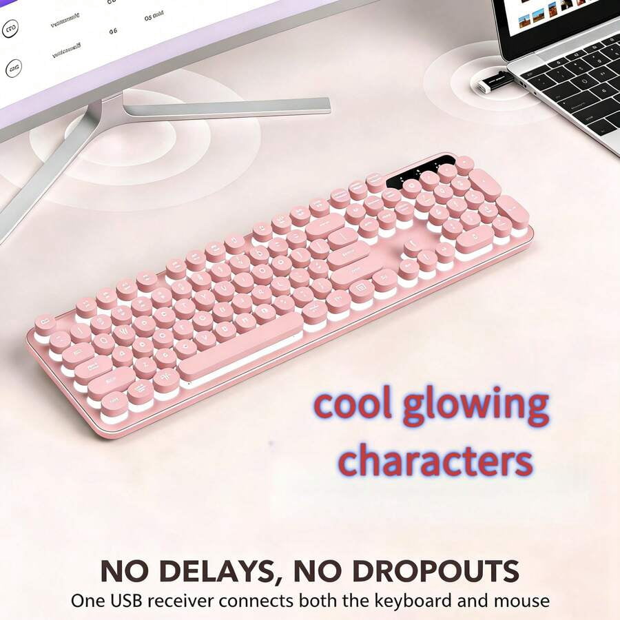 Cute Pink Retro Round Keycap Wired Keyboard, Backlit Gaming Office Keyboard For PC Laptop /Windows