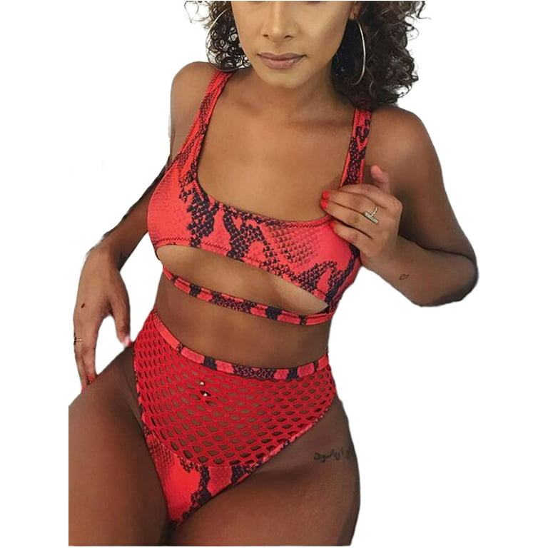 YiLvUst Bikini Set for Women Cutout Underboob Lace Up Top with High Waist  Fishnet Bikini Bottom Bathing Suit