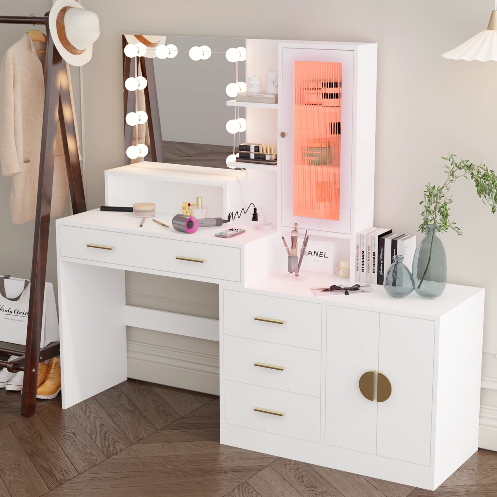 Ktaxon Makeup Vanity with 4 Drawers&Charging Station, Vanity Table Desk with 3 Color Light, Dressing Table w/ 2 Door Cabinet, White