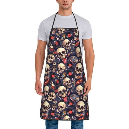 

Wukai Skull record rock Print Aprons Adjustable Bib Aprons Cooking Kitchen Chef Apron for Women and Men