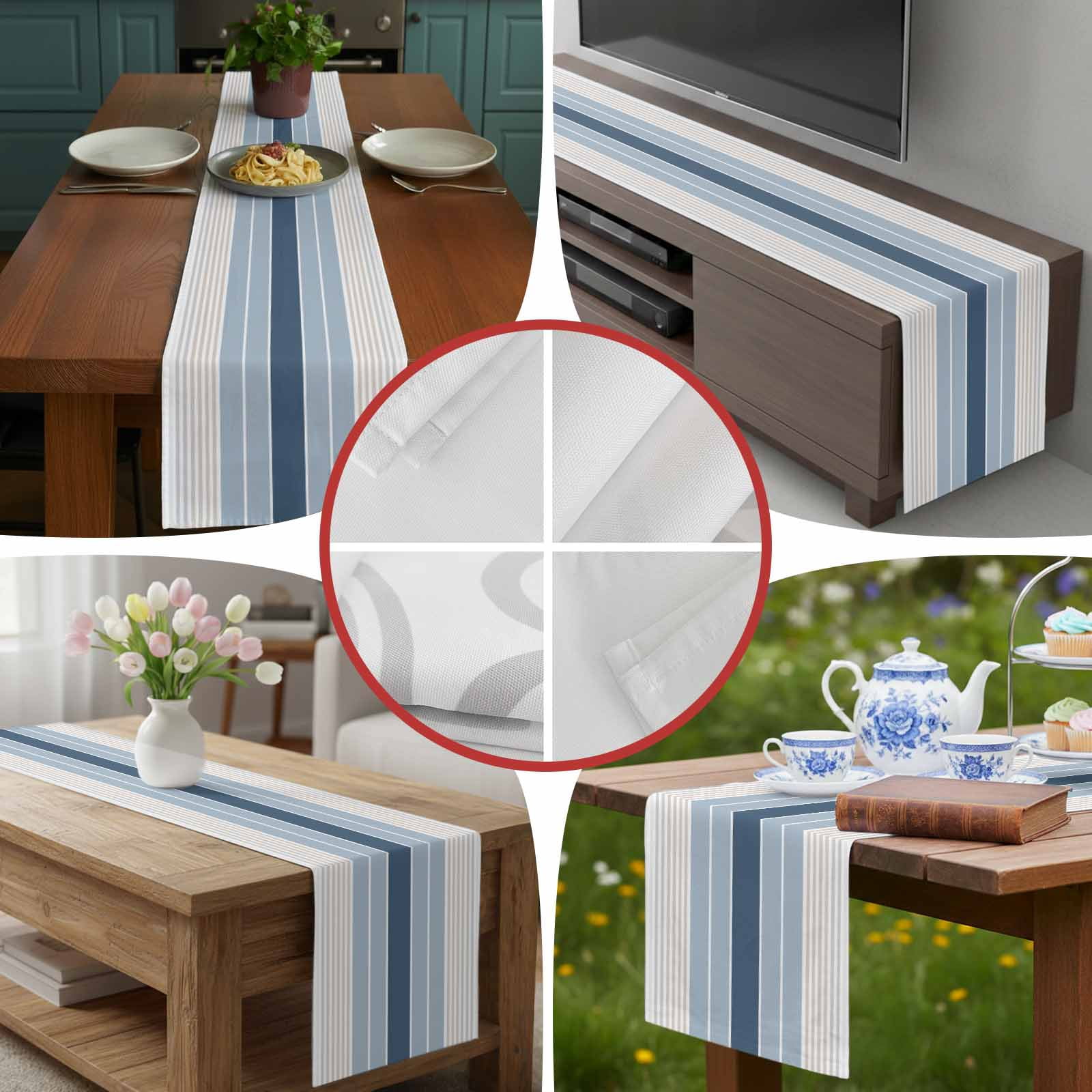 Blue Stripes Abstract Geometric Table Runner 90 Inches Long, Minimalist Style Table Runners Tabletop Scarf Kitchen Dining Tables Decoration for Home Party Indoor Outdoor