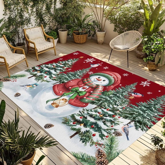 Fsddascl Red Snowman Christmas Outdoor Rug for Patio/Deck/Porch, Non-Slip Large Area Rug 4 x 6 Ft, Snowflake Xmas Tree Green Indoor Outdoor Rugs Washable Area Rugs, Camping Rug Carpet Runner