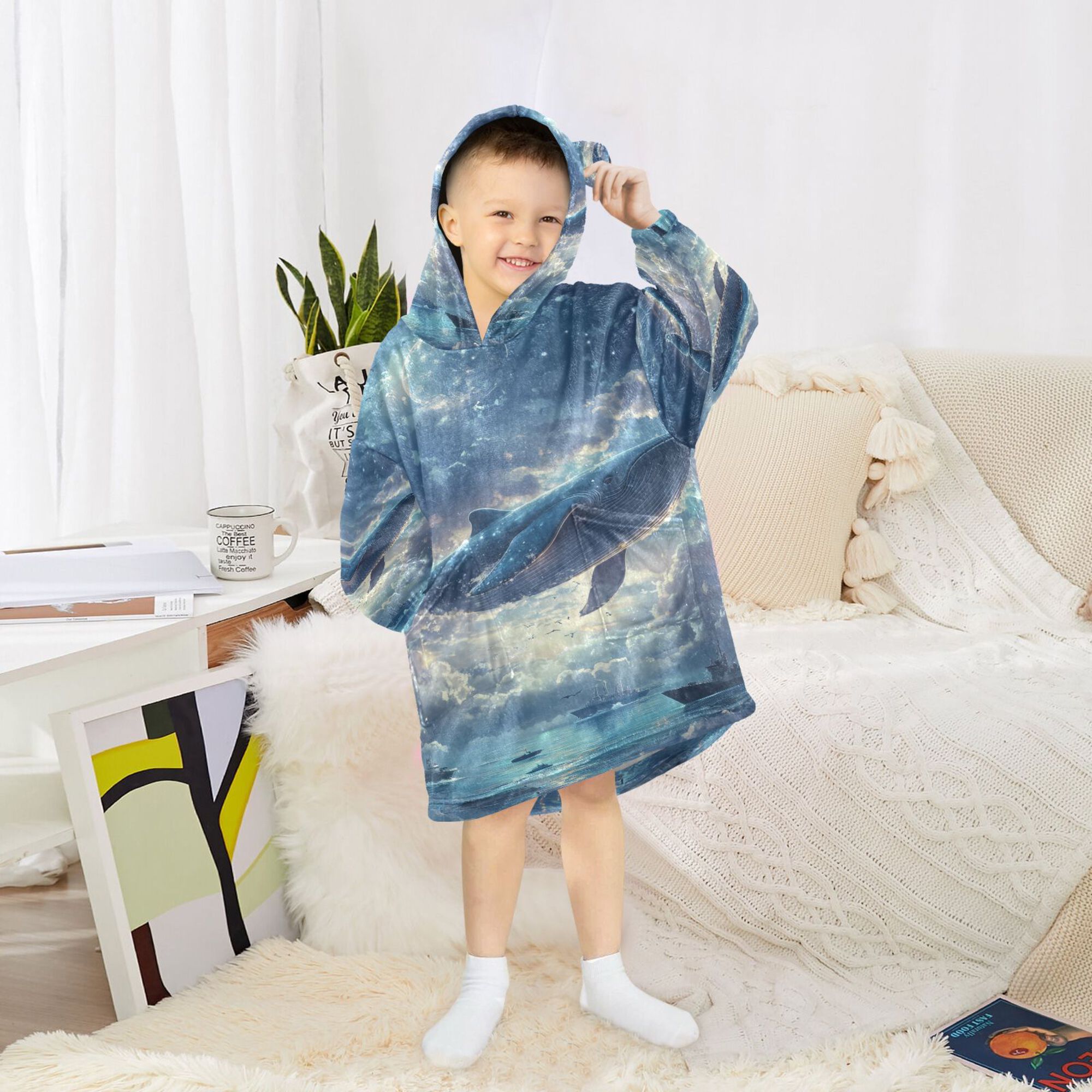 FORMRS Wearable Blanket Hoodie with Sleeves for Kids Cozy Flannel Sweatshirt, Night Floating Whale