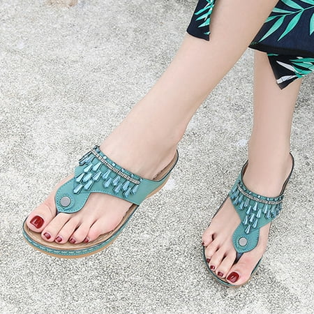

Jacenvly 2024 New Women Summer Slip-On Wedges Beach Open Toe Breathable Sandals Embroidery Shoes Green Sandals for Women Clearance