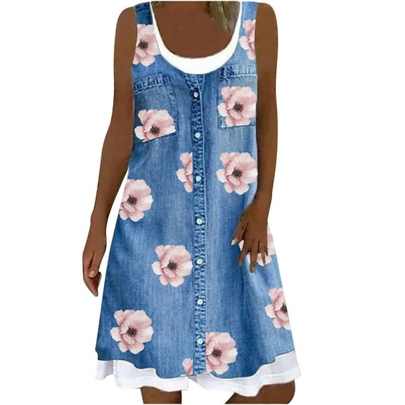 IROINNID Women's Sleeveless Fit&Flare Dress Round Neckline Casual Floral Fake Two-Piece Dress Regular Print Dress