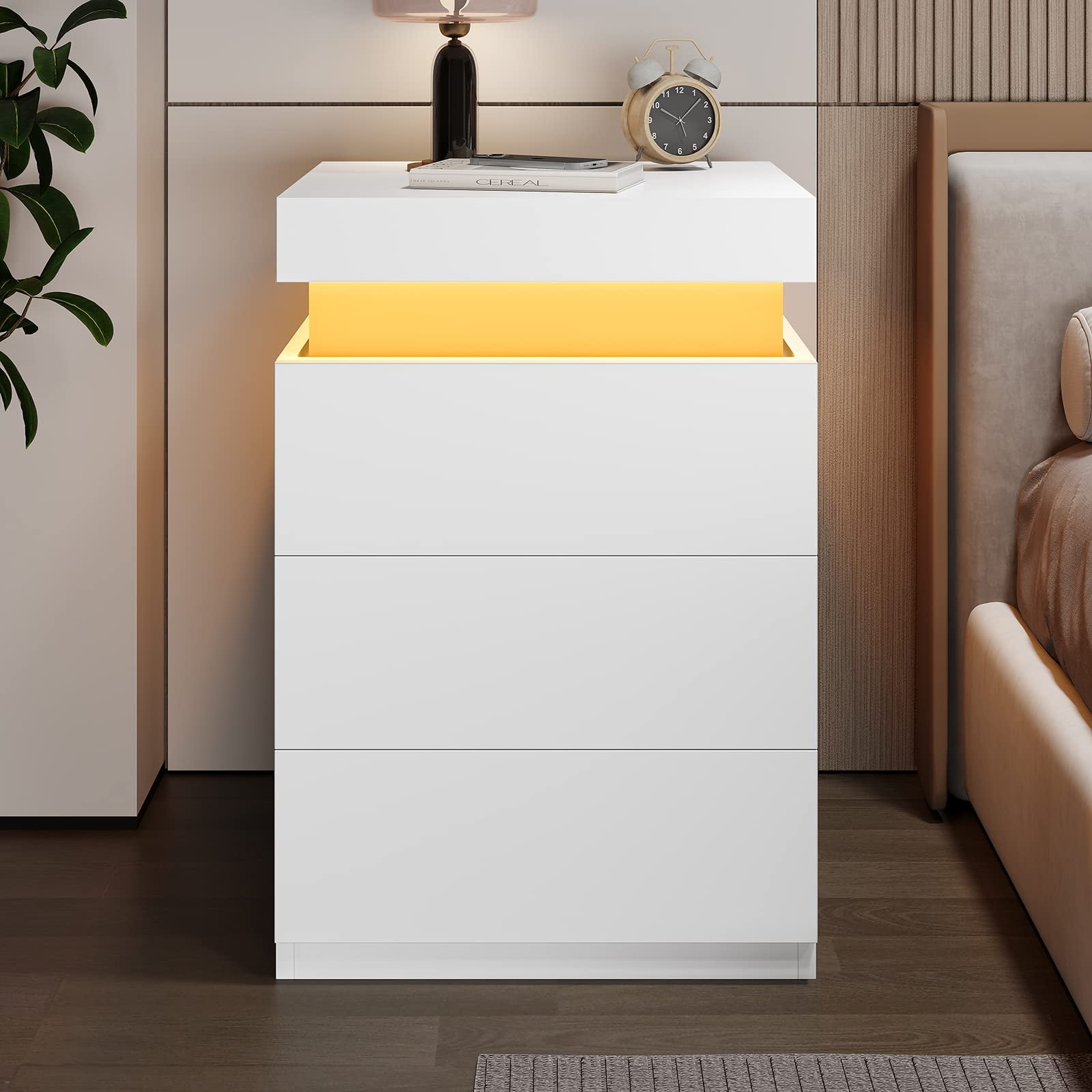 Nightstands Set of 2, Nightstand with Charging Station and RGB LED Light ,Bedside Table with 3 Drawers and Sliding Top,Modern End Side Table (White)