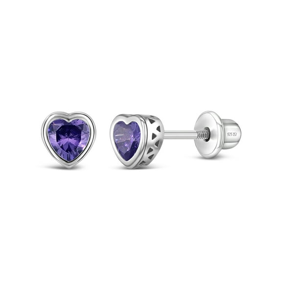 925 Sterling Silver Simulated Birthstone Bezel Heart Girls Screw Back Earrings