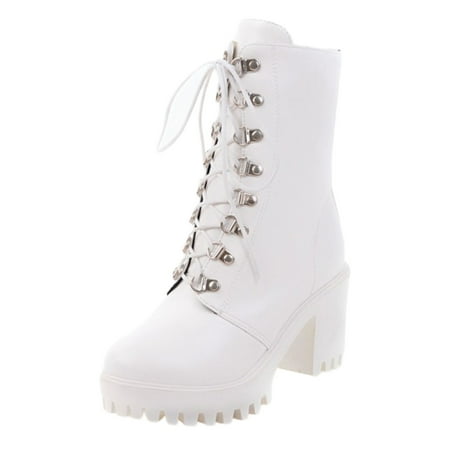 

PMUYBHF Ladies Solid Color Simple Casual Leather Round Head Lace up Heel Large Size Boots Mid Calf Boots Leather Boots 55.98