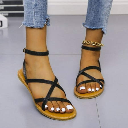 

〖Yilirongyumm〗 Black 37 Sandals Women Sandals Women s Flat Summer Strapping Leisure Fashion Women s Sandals