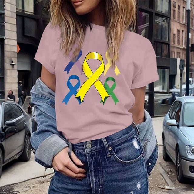 UANWENN T-shirts Décontractés pour Femmes avec Imprimé de Ruban de Sensibilisation au Cancer, Manches Courtes, Col Rond, Style Basique pour un Usage Quotidien, T-Shirts Surdimensionnés pour Femmes, Haut Athlétique à Manches Courtes, Haut Ample pour Femmes