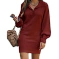 thumbnail image 4 of Suéter de mujer europeo y americano Suéter de mujer de largo medio Vestido de suéter de mujer Vestido largo de color sólido de punto con mangas abullonadas y solapa, 4 of 6