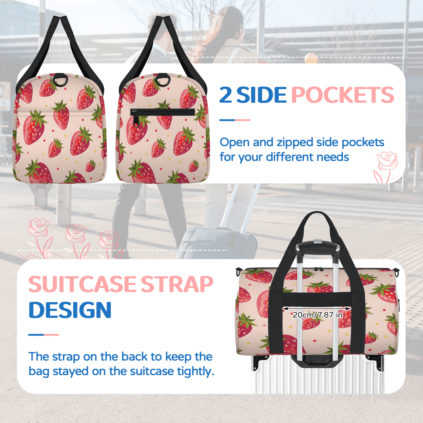 Herdesigns Strawberry Travel Duffle Bag Sports Yoga Weekender Overnight Carry on Workout Bags Lightweight Waterproof Gym Tote Bag for Women Strawberries