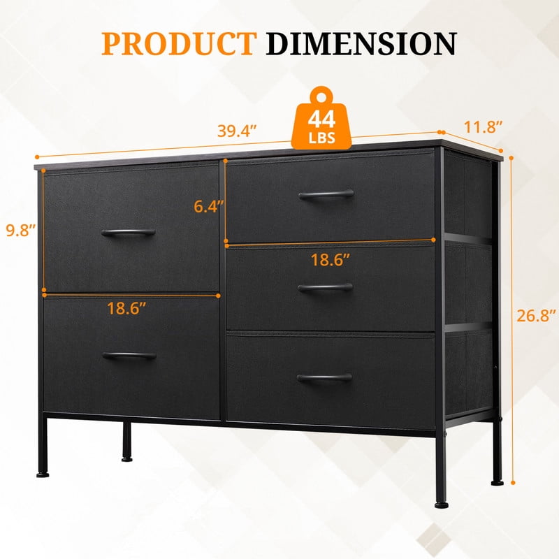 Simenmax 5-Drawer Fabric TV Stand, 39.4-Inch Entertainment Center with Wood Top & Sturdy Metal Frame, Storage Dresser for Bedroom, Living Room, Hallway, Black