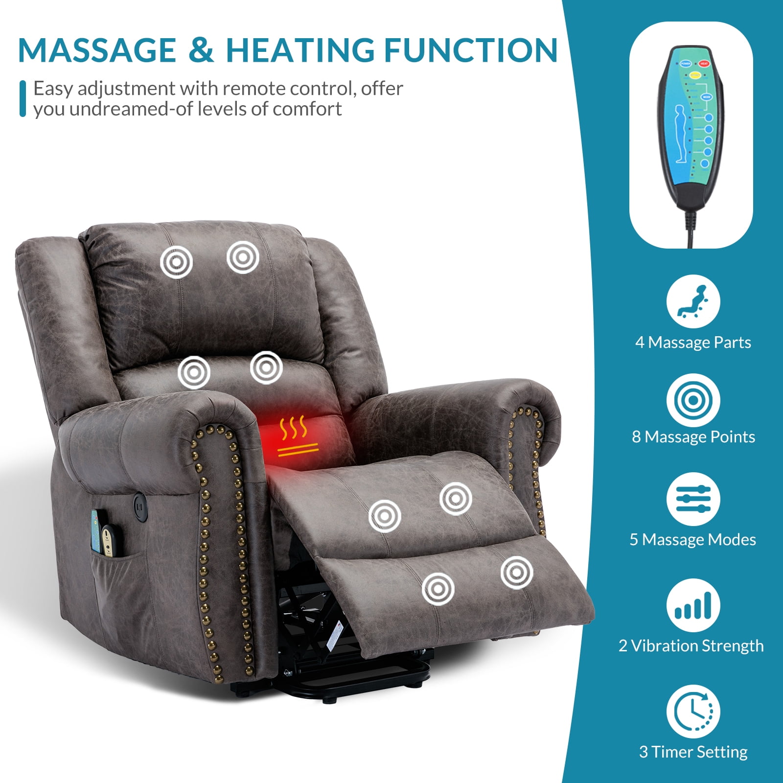 OUINCH Electric Power Lift Recliner Chair with Massage and Heat for Elderly, 2 Remote Controls, 2 Side Pockets, and USB Ports (Grey)