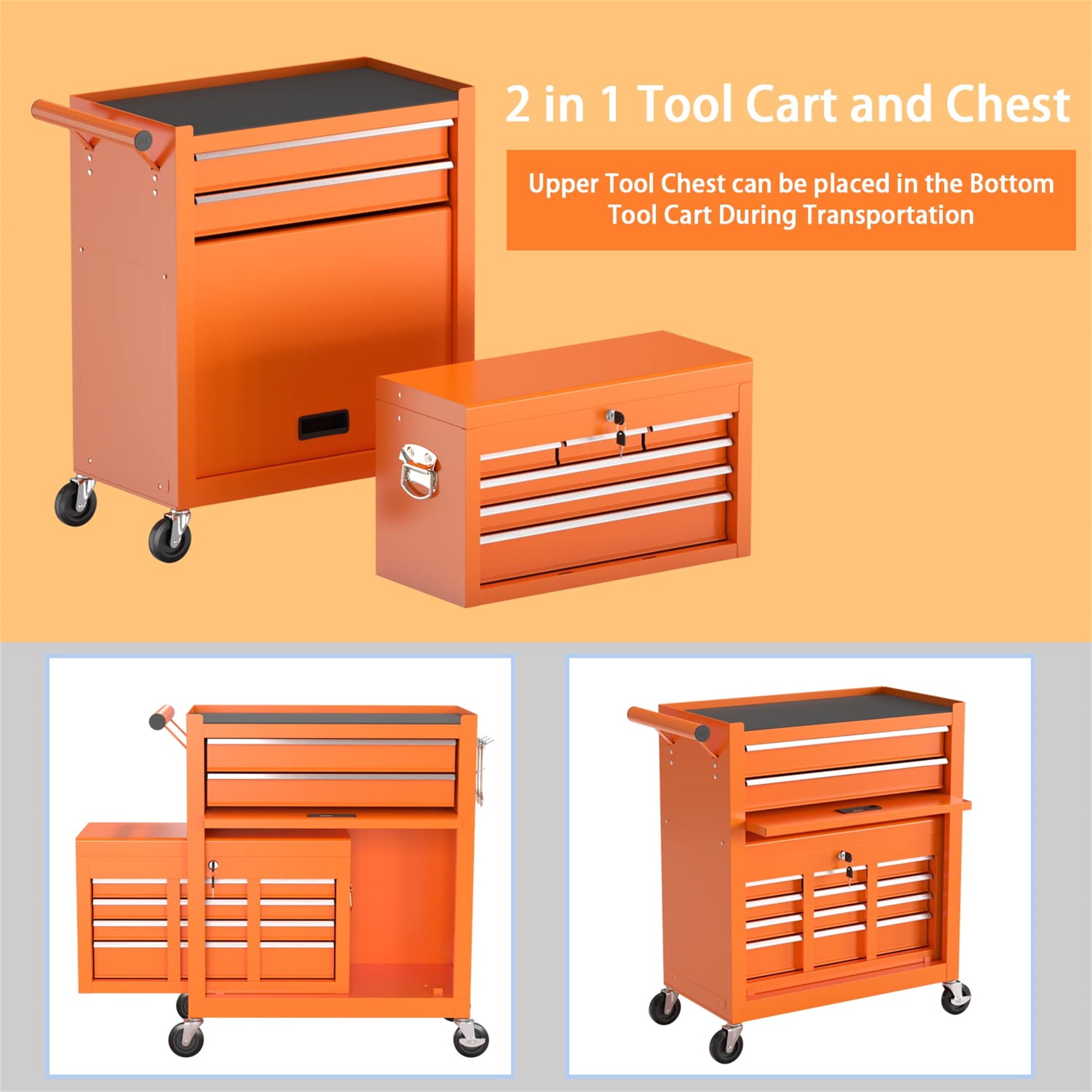 Aukfa Tool Chest, 2 in 1 Steel Rolling Tool Box & Cabinet On Wheels for Garage, 8-Drawer, Orange