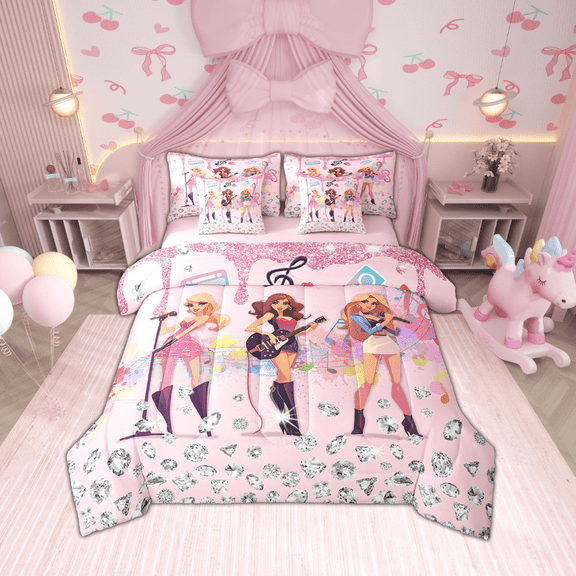 Erosebridal Music Guitar Bedding Sets Twin Size,Crystal Glitter Comforter Sets with Sheets,Watercolor Splash Bed in a Bag Twin size,Microfiber Famale Bedroom Decor,Reversible,7-Piece