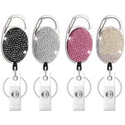 HASFINE 4 Pieces Retractable Badge Holder,Handmade Bling Rhinestones Badge Reel with Belt Clip-On Holder and Key