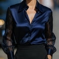 thumbnail image 2 of MORTTIC Women's Elegant Satin Blouse - Classic Lapel Collar Sheer Long Sleeves Button-Down Shirt for Office Navy Blue，XXL, 2 of 4