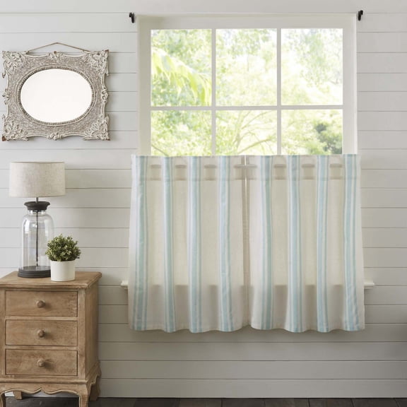 VHC Brands Grain Sack Aqua Blue Stripe Coastal Farmhouse Kitchen Curtain Tier Set 36x36
