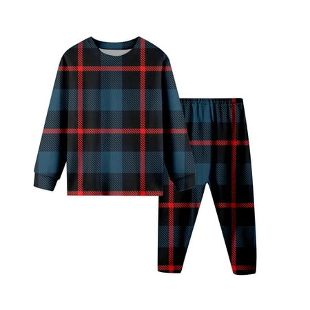 JIAYUE Boys Girls Autumn Wear Plaid Long Sleeve Crew Neck Pull-On Snug Warmth Tops Pants Outfit For Children Base Layer Sets