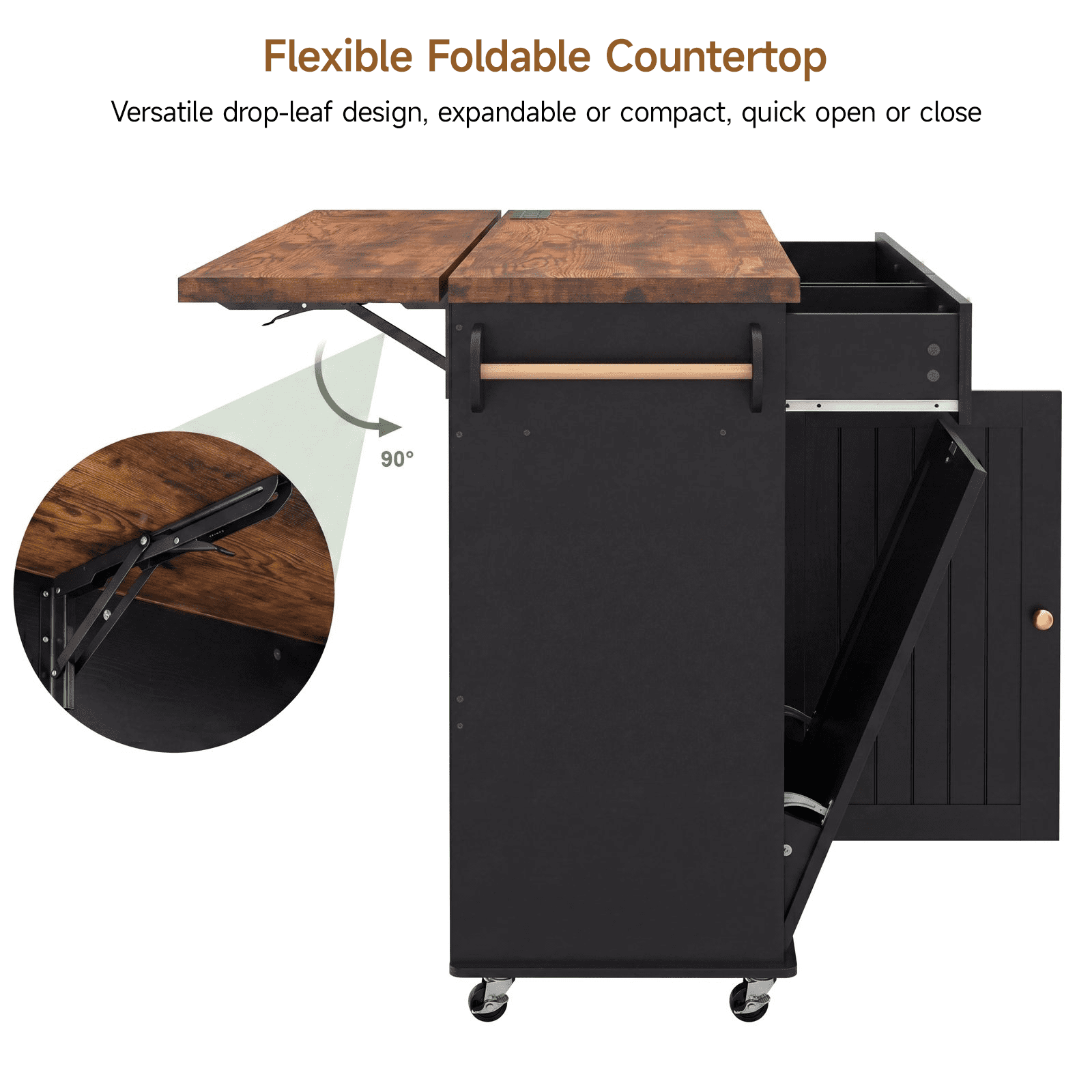 ROGALIS Kitchen Island w/Outlet&Towel Rack, 60" Kitchen Storage Cart w/Foldable Countertop, Black