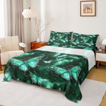 Feelyou Adult Fashion Butterfly Full Size Sheets, Romantic Animal Bed Sheets, Mystic Green Galaxy Sheet Sets, Luxury Bedroom Decor, 4-Piece