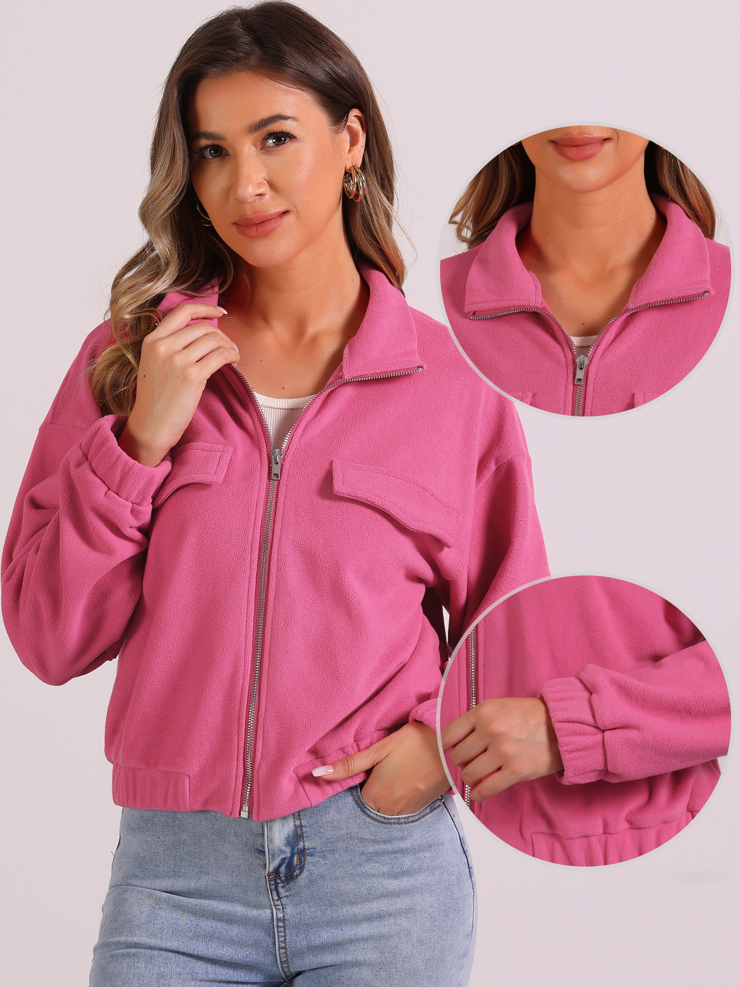DARING DIVA Fuzzy Short Jacket Stand Collar Casual Crop Coat M Hot Pink