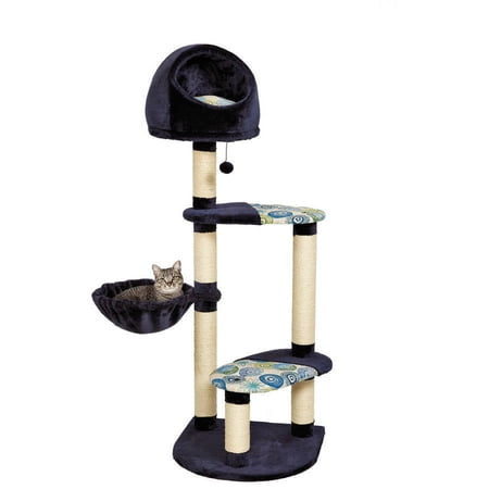 Cat Tree | "Resort" Cat Tree / Cat Furniture, 4-Tier Cat Tree w/ Sisal Wrapped Cat Scratching Support Posts, Hanging Cat Bunker Bed & High Canopy Cat Perch, Blue / White Pattern, Large Cat Tree - Image 3