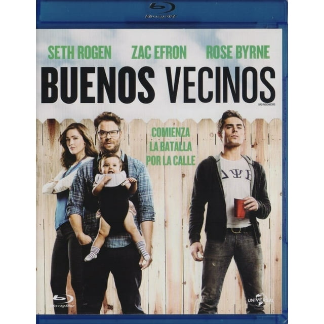 pelicula buenos vecinos neighbors zac efron blu-ray portada frontal con Seth Rogen, Zac Efron y Rose Byrne; vista centrada de tres adultos frente a una cerca de madera, el hombre a la izquierda lleva a un bebé en portabebé frontal, el hombre a la derecha sostiene un vaso rojo y viste sudadera con logo de fraternidad, título grande 'BUENOS VECINOS' y subtítulo 'COMIENZA LA BATALLA POR LA CALLE'.