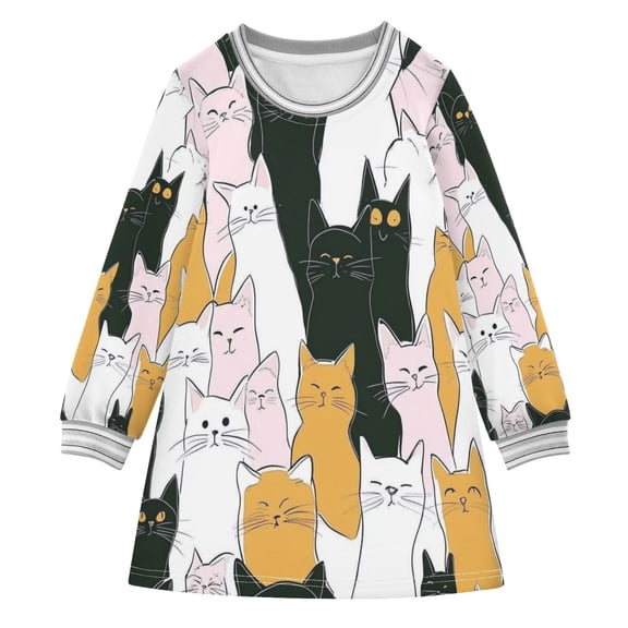 Cute Halloween Cats Girls'long-sleeved dress Thickened A-dress Warm Dress Basic Shirt Party Dresses