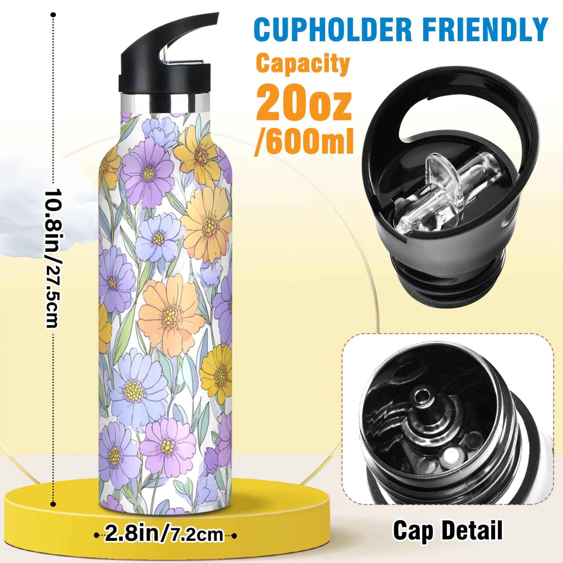 600ML Stainless Steel Insulated Cup Sports Water Bottle Portable Thermos Cup Water Glasses Insulated Tumblers Convenient and Durable Pale Purple Flowers