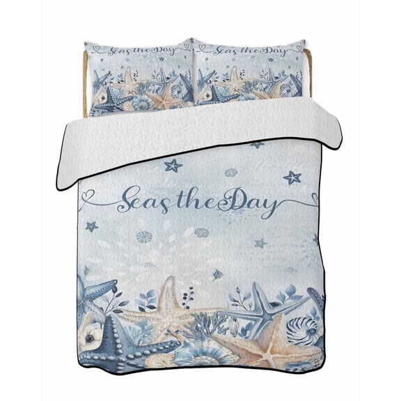 Quilts Twin-XL Size Bedding Set, Navy Blue Starfish Coastal Lightweight Quilted Comforter, Nautical Summer Beach Coral Soft Reversible Bedspread Coverlet with Pillow Covers for All Season, 68" x 98"