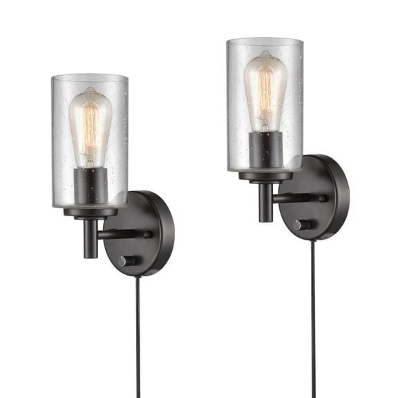 Claxy Black Plug in Wall Sconce with Cylinder Seeded Glass Shade