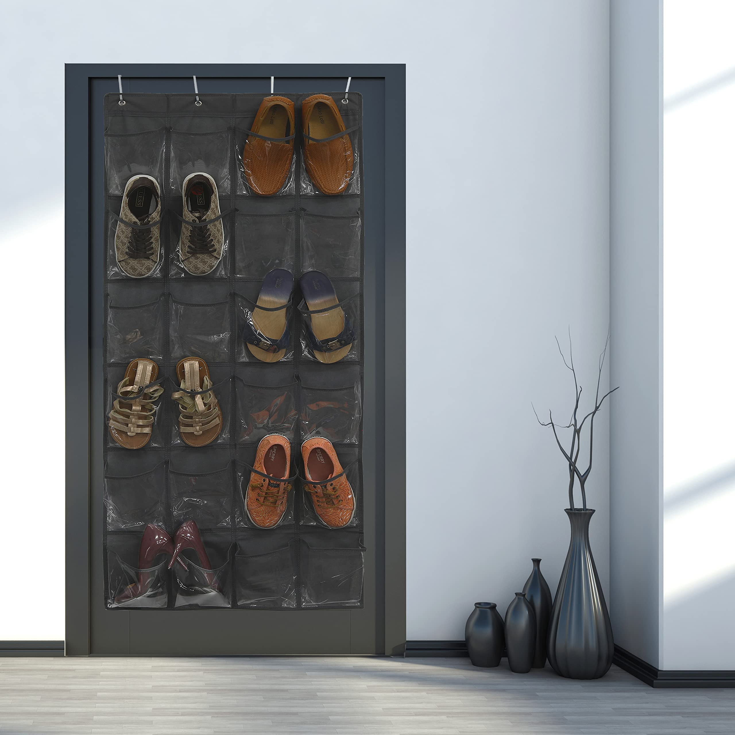 24 Pockets - SimpleHouseware Crystal Clear Over The Door Hanging Shoe  Organizer, Gray (64'' x 19'')