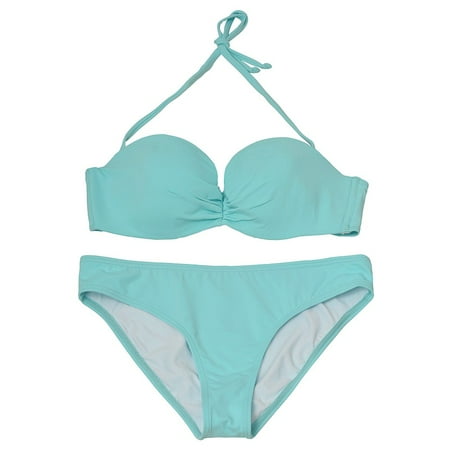Solid Bandeau Halter - Pixie Pier Women's Light Blue Solid Bandeau Halter 2 Pc Bikini Swimsuit