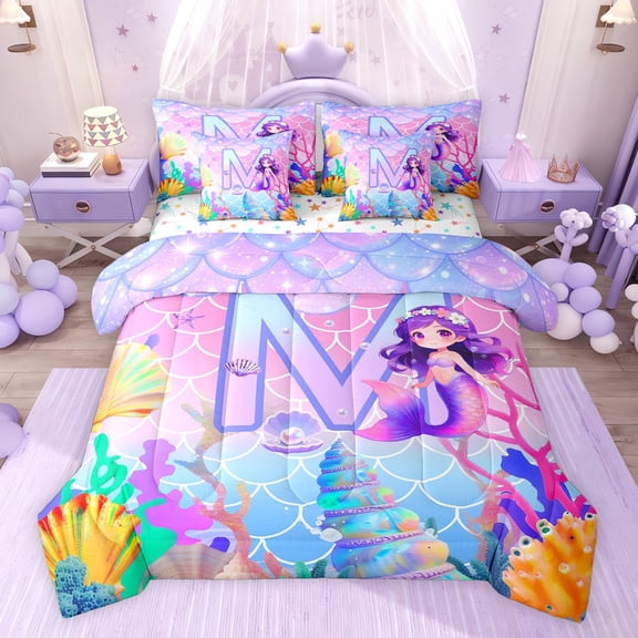 jejeloiu Cute Mermaid 7-Piece Twin Bedding Sets,Watercolor Letter M Bedding Comforter Set For Kids Girls Reversible